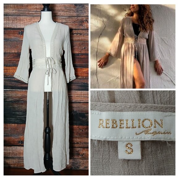 Rebellion Again Small Boho Kimono Duster Renaissance Cover Crochet Taupe - Picture 1 of 9